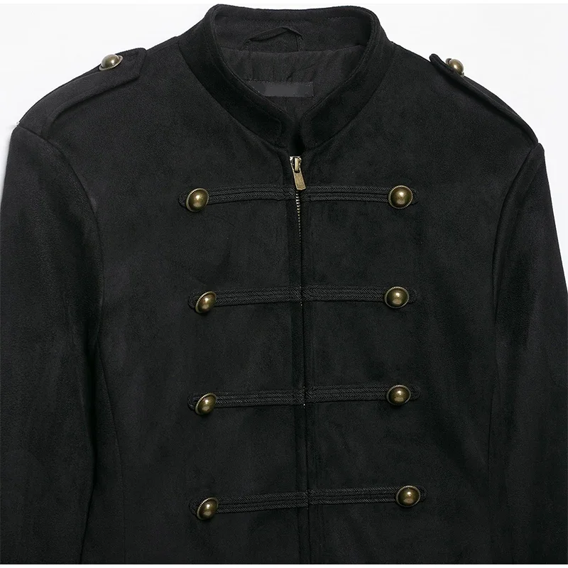 Damenjacke aus Wildleder-Optik mit Stehkragen, kurz geschnitten, mit Reißverschluss vorne, goldenen doppelten Zierknöpfen und Schulterklappen. – Detail 2