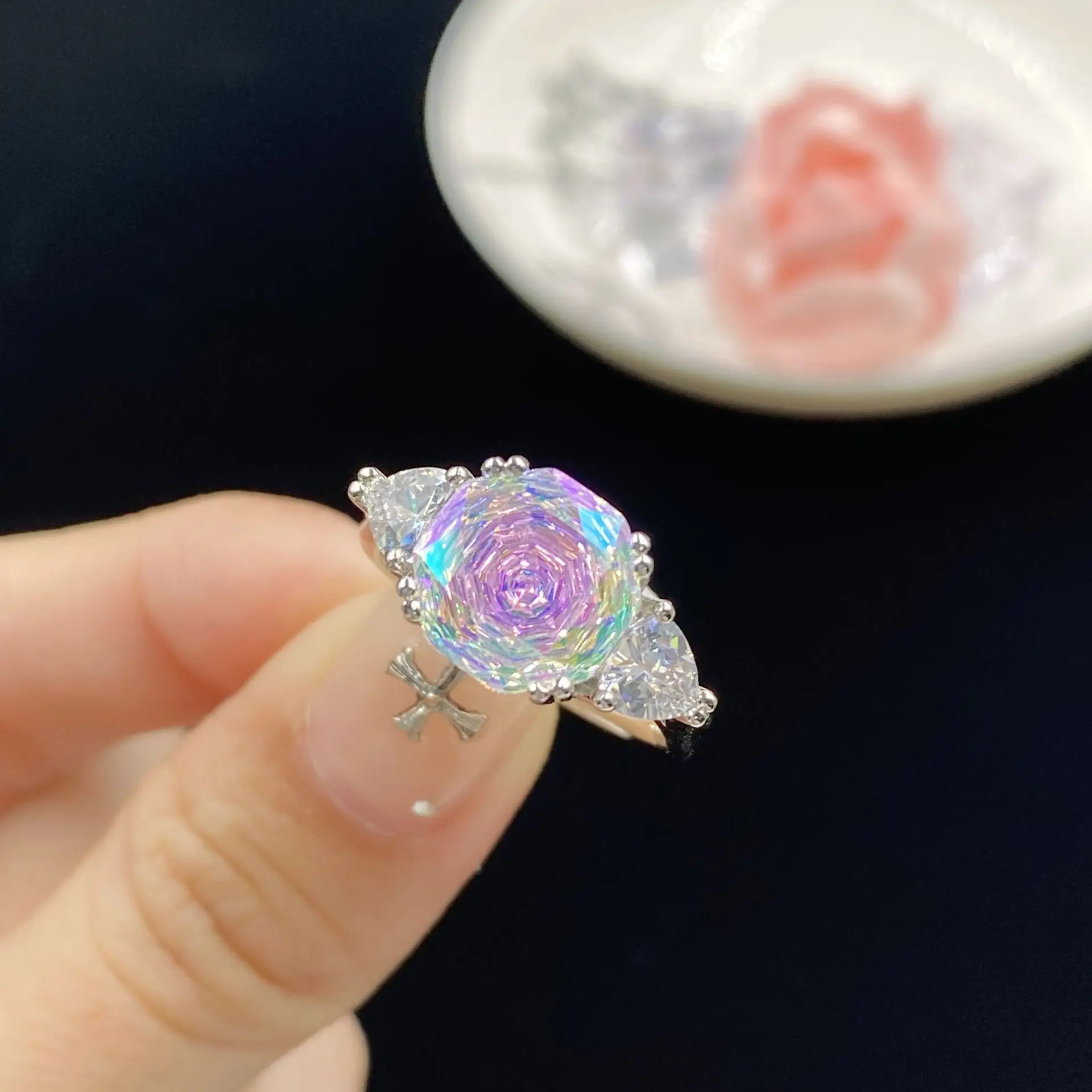 Trend Women Engagement Ring Bottom Millennium Rose Cutting Colorful Octagonal Zircon Luxury Open Rings Silver Color Jewelry