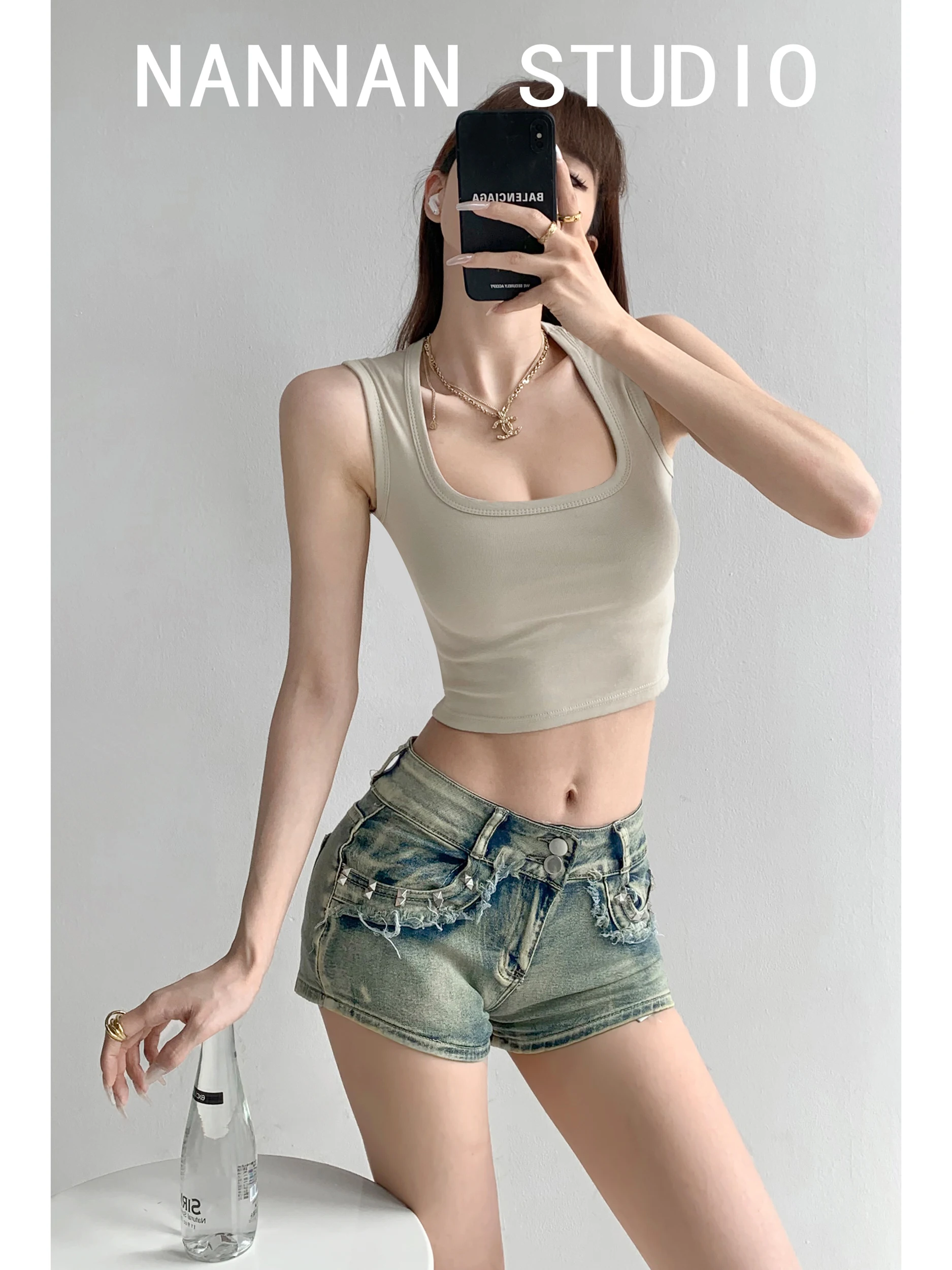 Cool Girl American Sexy Simple Style Sleeveless Slim Fit Shirt Square Collar Hide Side Breast Tight Body Street Style Short L...