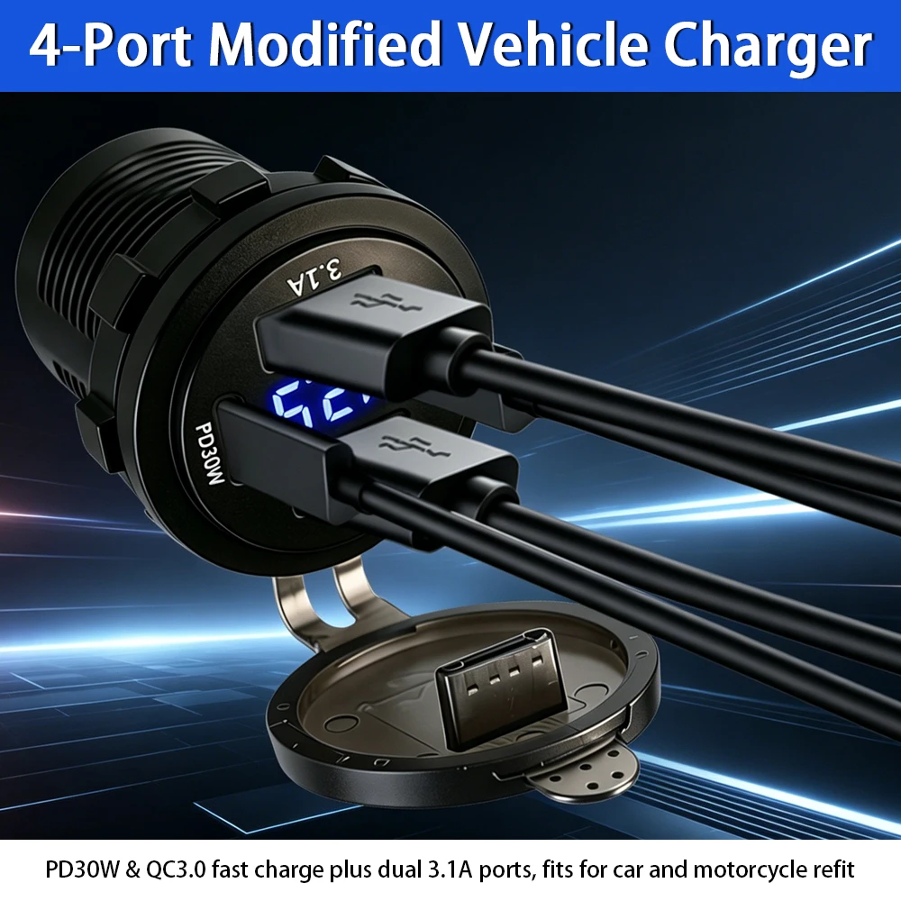 

For Car Motorcycle Marine ATV RV Boat 12V-24V PD30W QC3.0 Dual 3.1A USB Charger Socket Digital Voltmeter Waterproof Power Outlet