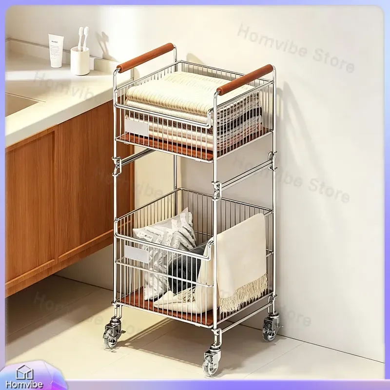 Double Layer Laundry Basket with Wheels Bathroom Storage Rack for Dirty Clothes Bath Products Organizer Floor Standing Hamper