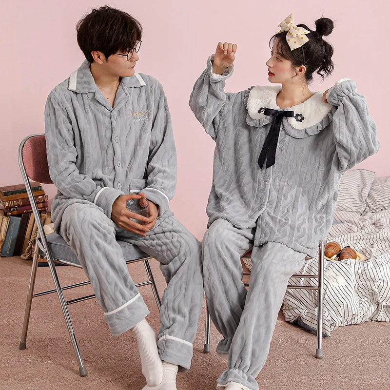 2023 New Flannel Sleepwear Winter Warm Thicked Nightwear Women and Men Matching Home Clothes Coral Fleece pijamas for Couples