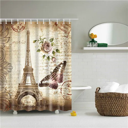 Vintage Style Retro Paris Eiffel Tower Bathroom Shower Curtains Frabic Waterproof Polyester Bath Curtain With Hooks