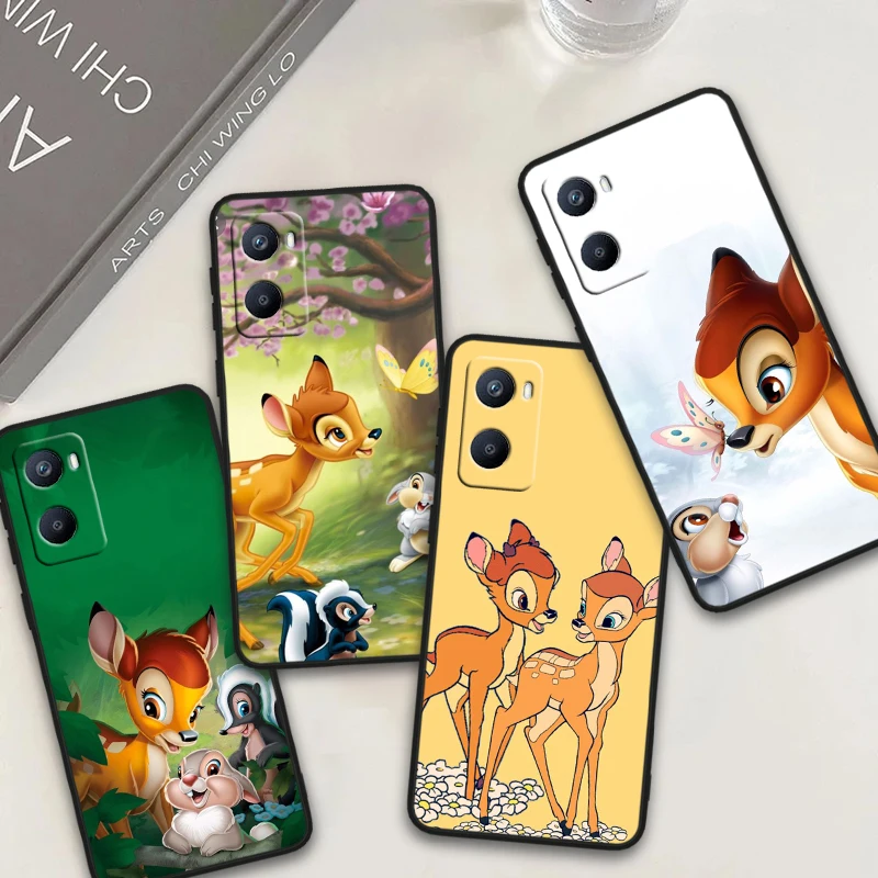 Disney Cartoon Cute Bambi For OPPO Reno 10 9 8 7 6 5 4 Z SE Pro Plus Lite Soft TPU Shockproof Black Phone Case