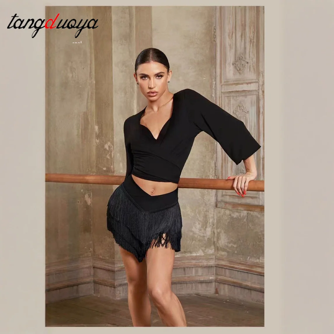 Women Latin Dance Skirt Adult Female Tango Cha Cha Latin Dance Professional Practice Skirt Sexy Three Layer Tassel V Half Skirt