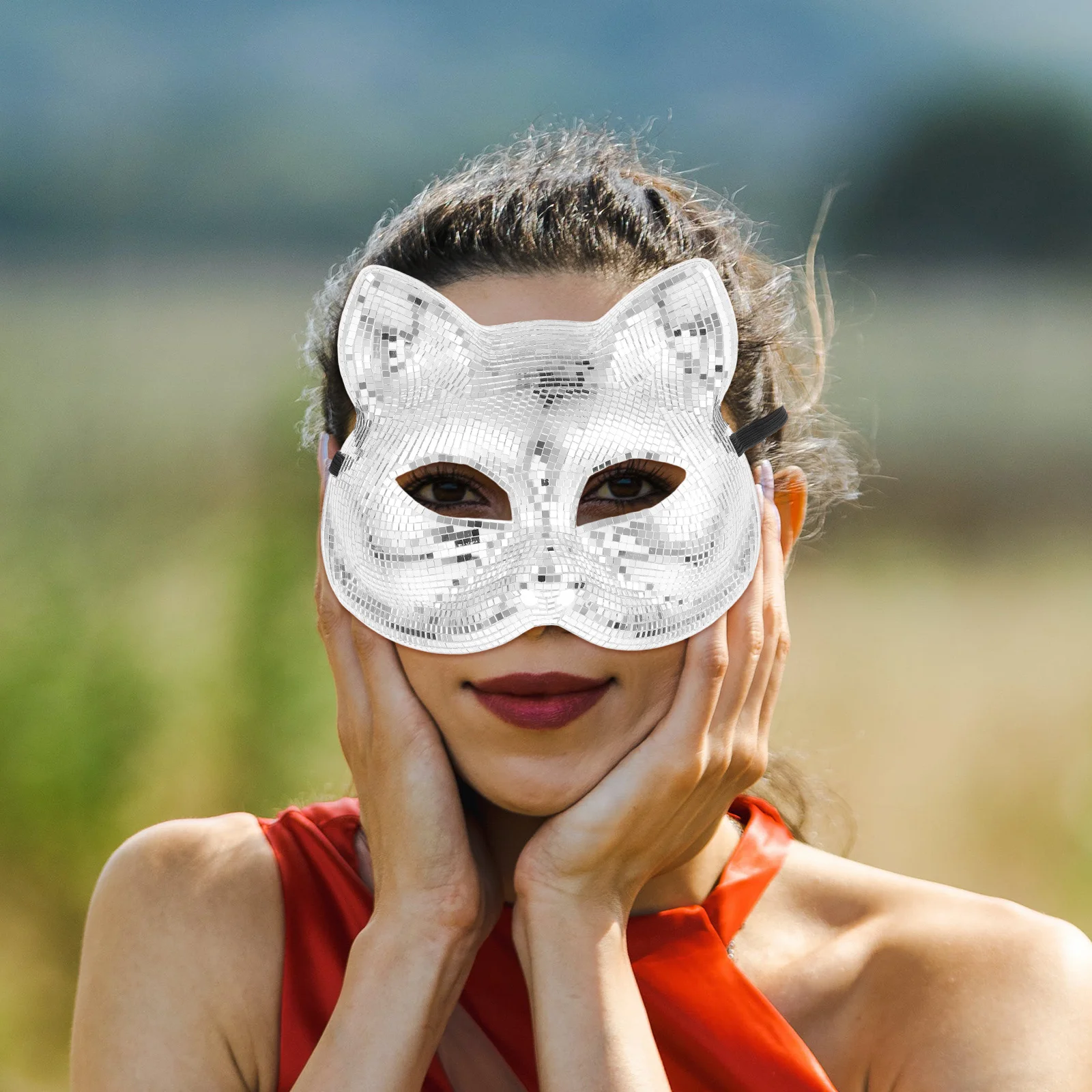 

Cute Cat Face Mask with Adjustable Ears Party Costume for Halloween Disco Silver Glass Decoration