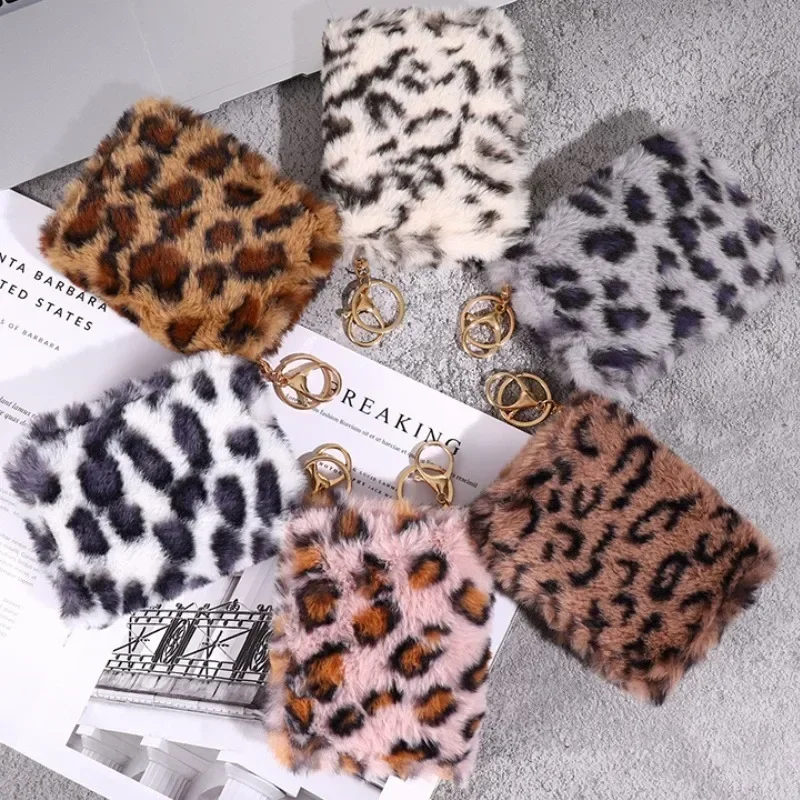 Fashion Leopard Print Plush Short Wallet Purse Plush Coin Purse Mini Earphone Bag Ornaments Keyring Furry Card Bag Wallet