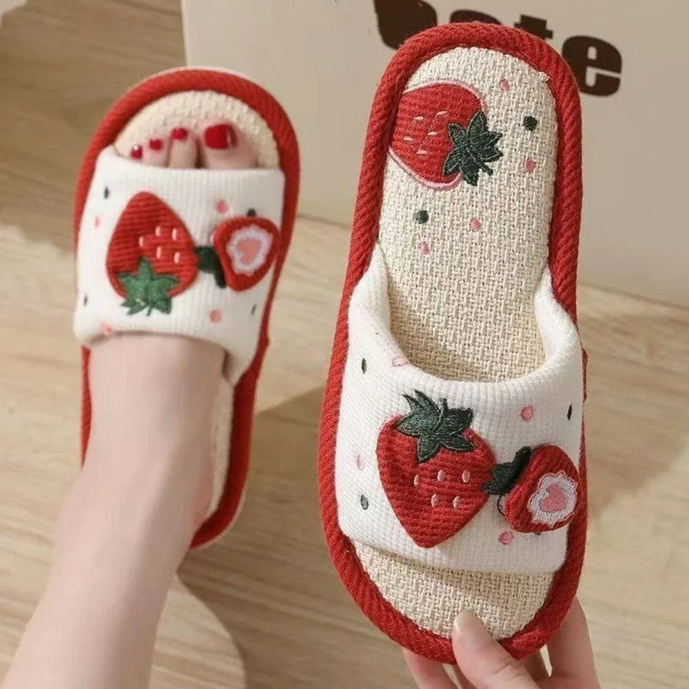 

Kawaii Soft Sole House Linen Slippers Anti Slip Flax Strawberry Slippers Women Open Toe Breathable Sweet Indoor Slippers Indoor