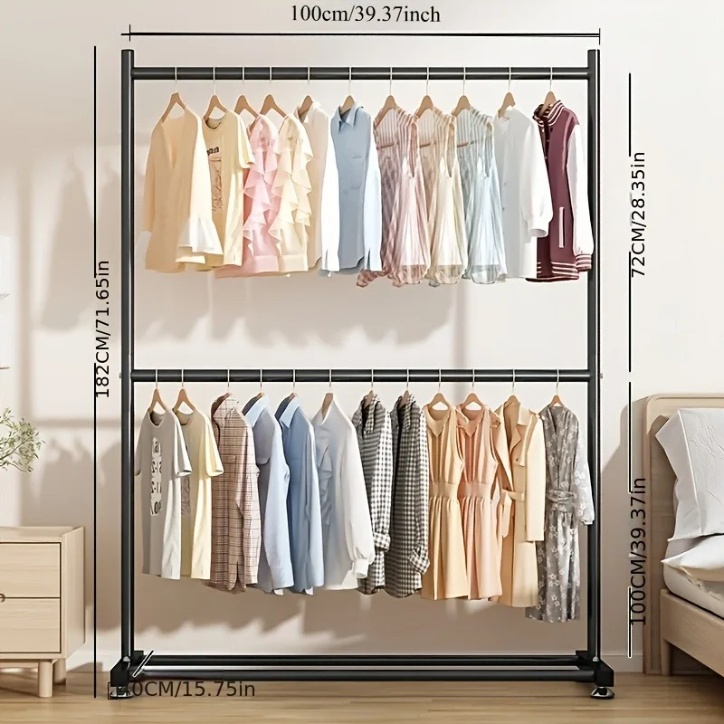 Floor Standing Clothes Hanger Multifunctional Heavy Duty Double Layers Clothes Racks for Home Bedroom Balcony Corridor Supplies