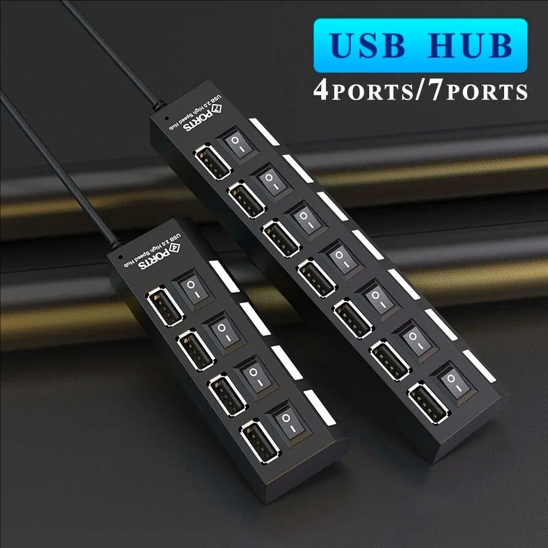 High Speed 4/7 Ports USB HUB 2.0 Adapter Expander Multi USB Splitter Multiple Extender with LED Lamp Switch for PC Laptop High S