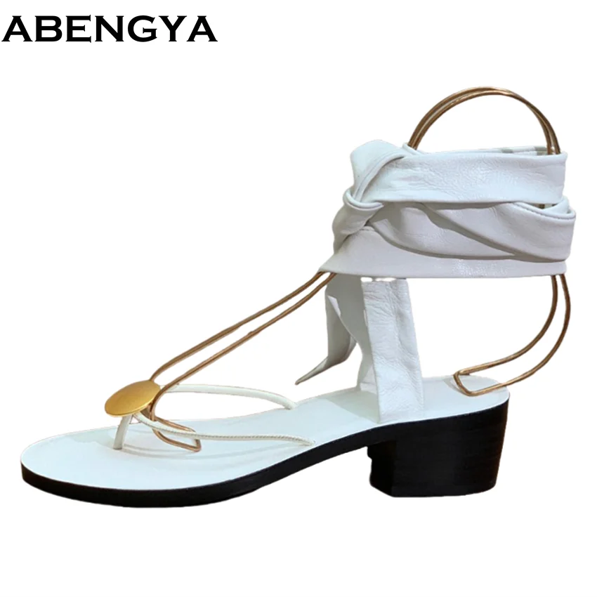 

Summer FlipFlops Real Leather Sandals Woman Metal Bottom Women's Square Heel Dress Shoes Ankle Strap Party Sandalias Mujer