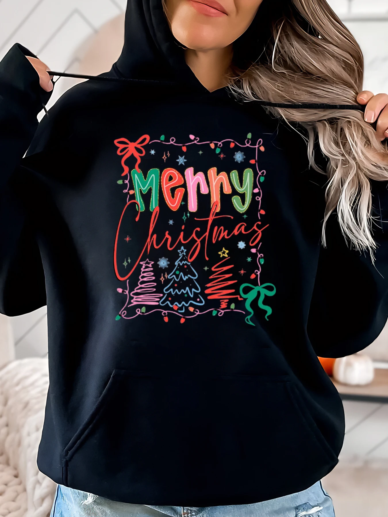 

Merry Christmas Print Hoodie Holiday Sweatshirt Women Casual Wear Black Plus-Size