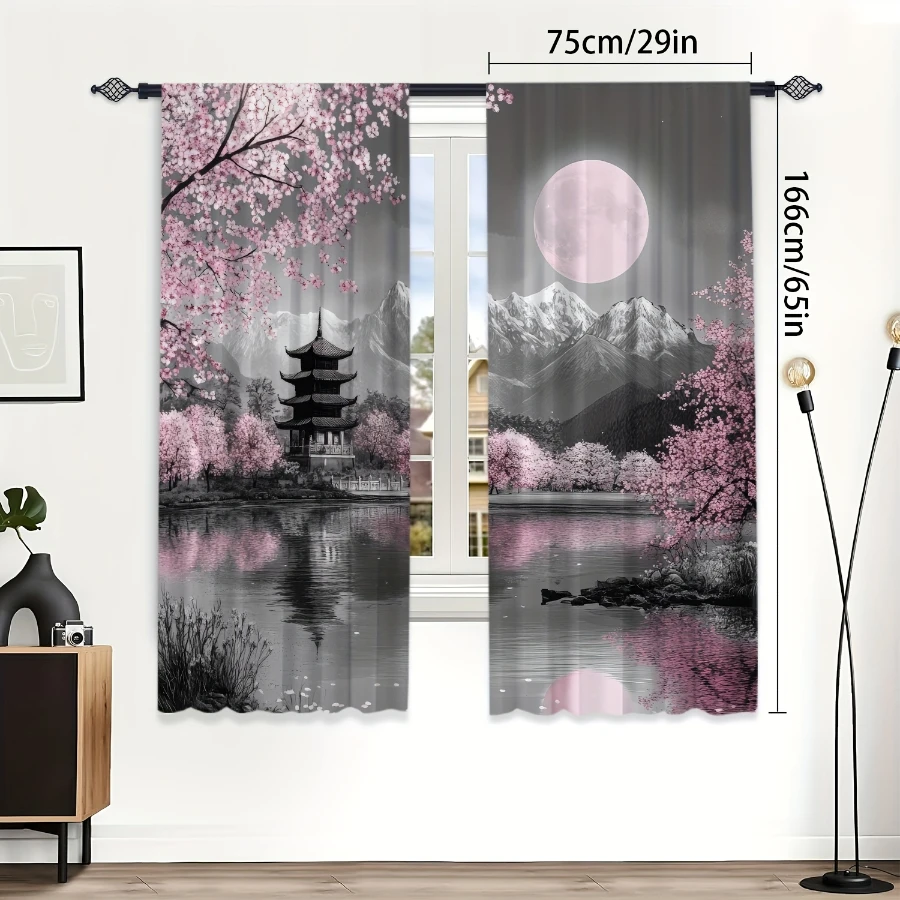 2PCS Digital Print  Curtain, Cherry Moon Ancient Pavilion, Aesthetic Room Decor  Curtain for Apartment Dorm Bedroom