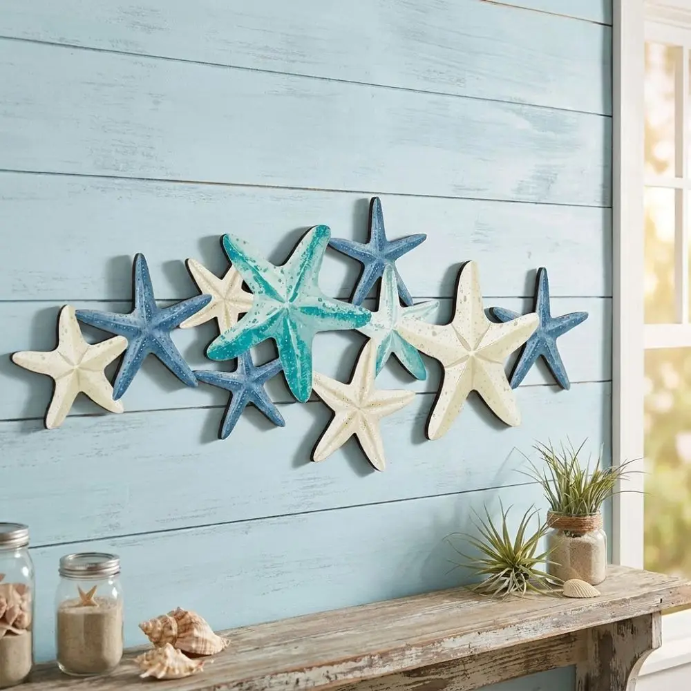 2D Flat Wooden Starfish Wall Decor Nautical Aesthetic Handcrafted Starfish Hanging Decor Craft Multi-starfish