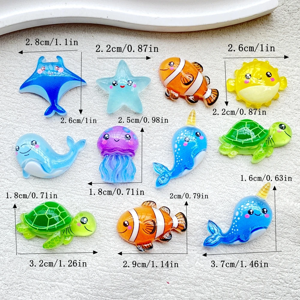 10pcs resin cartoon color whale, turtle, small fish, octopus flat back scrapbook statue DIY bow decoration accessories crafts