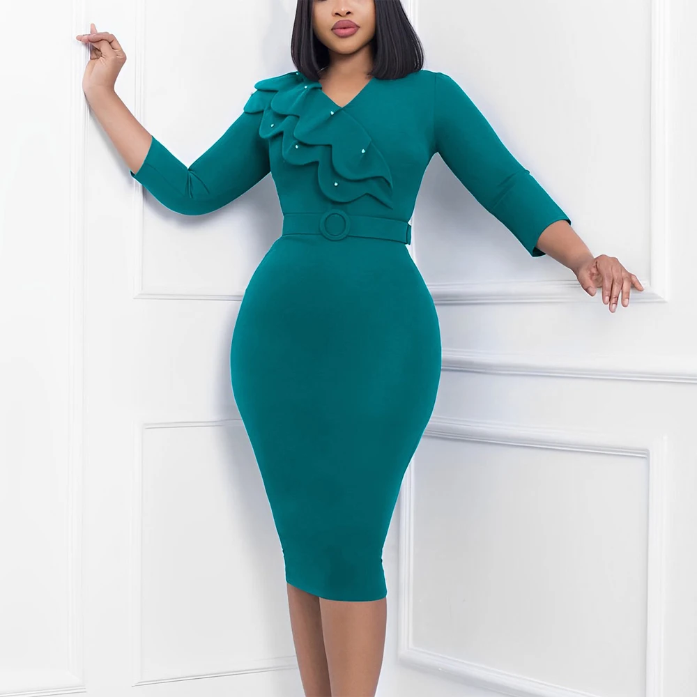 Elegant Office Dresses for Women V Neck Full Sleeve Ruffles Belt Waisted Package Hips Mid Calf Professional Work Dress Midi Robe