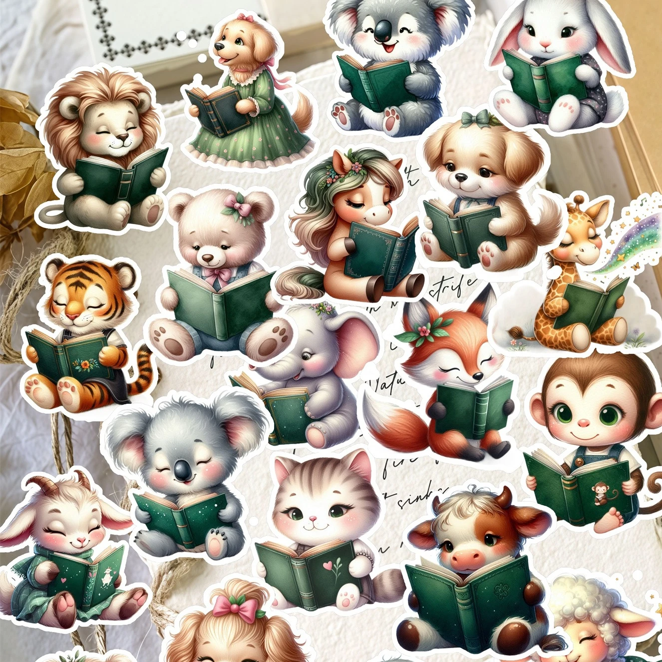 20pcs Retro Watercolor Cute Animals Reading Books Stickers Crafts and Scrapbooking Stickers Decorative DIY Stationery