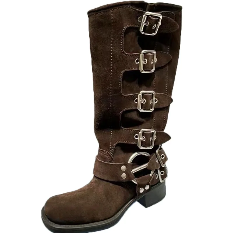 Punk Woman Clasp Buckle Brown suede Knee Boots Side Metal Buckles Motorcycle Boots Women Square Toe Lady Ridding Boots