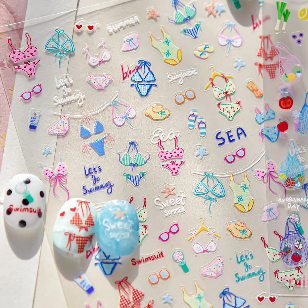 

Летние наклейки для ногтей, бикини, купальник, солнцезащитная шляпа от солнца, солнцезащитные очки, тапочки, фруктовый сок, пляжный отдых, 5D маникюрная наклейка