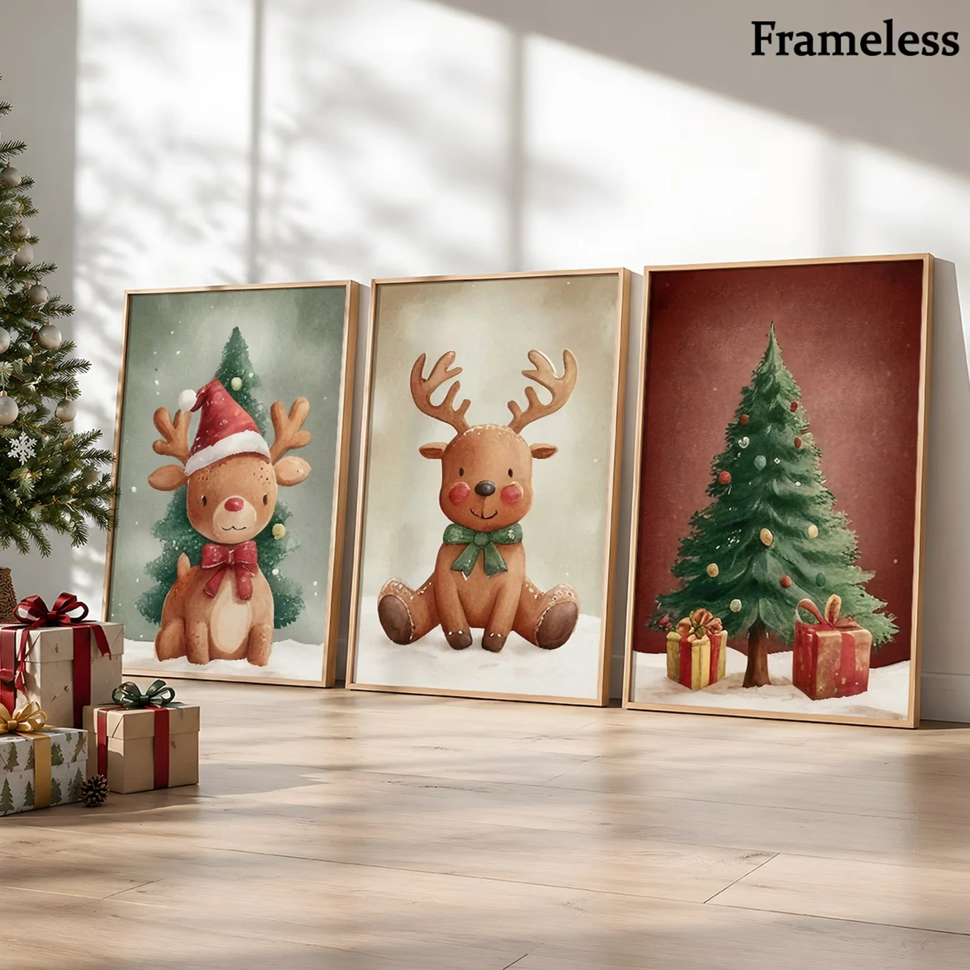 Large-sized 3pcs Modern Cute Reindeer & Christmas Tree Wall Art Print Canvas Painting Poster Picture For Living Room,Bedroom Hom