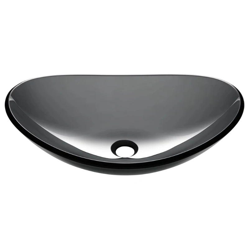 Dark grey glass bowl-shaped sink, oval, glossy, table-mounted, minimalist design, non-porous, faucet-mounted