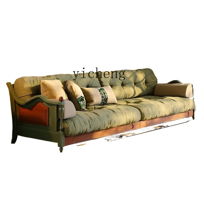 

Zz new living room solid wood fabric sofa small apartment retro corduroy straight row sofa