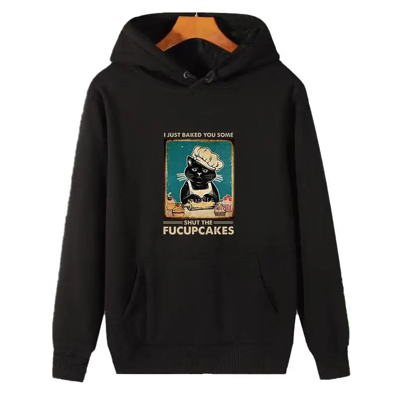 Funny Black Cat Baker Vintage Graphic Hoodie I Just Baked You Some Cupcakes Slogan Black Pullover Sweatshirt Kangaroo Pocket Casual Unisex Baking Cat Lover Streetwear Gift