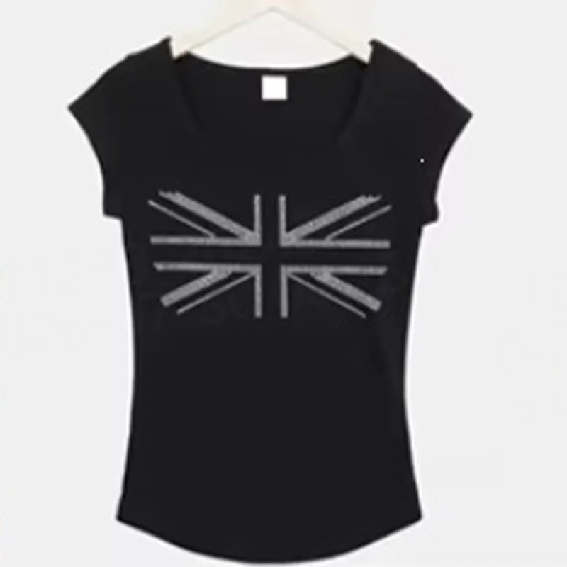 2026 Sommer Damen Y2K Strass Union Jack Print Rundhals T-Shirt Slim Fit Kurzarm Abgerundeter Saum Streetwear Crop Top – Detail 6