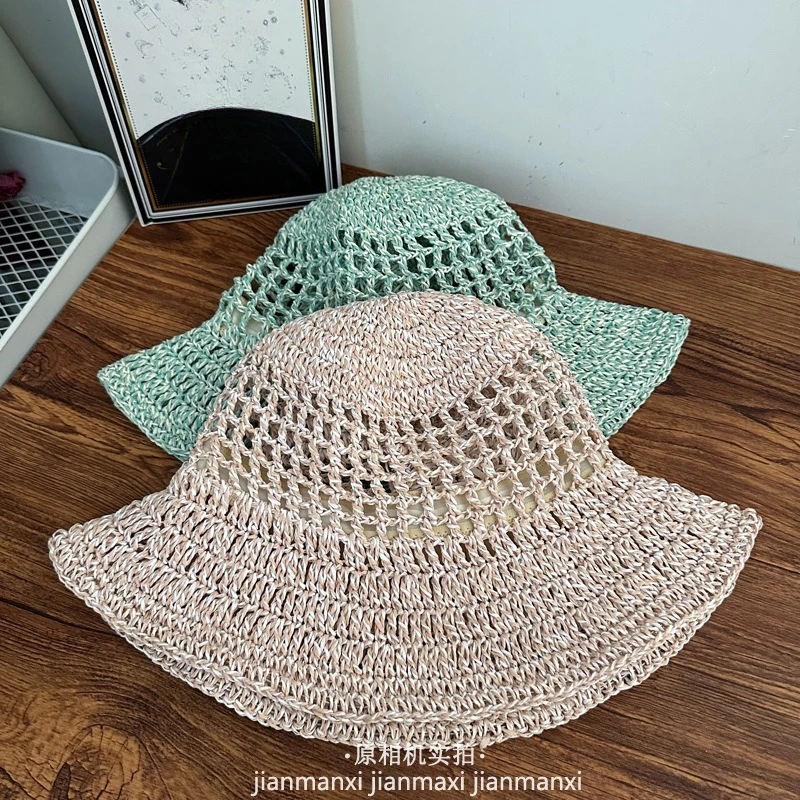 Korean Version Mixed Color Hollow Straw Bucket Hat for Women's Summer Vacation Shade Large Brim Breathable Foldable Sun Caps