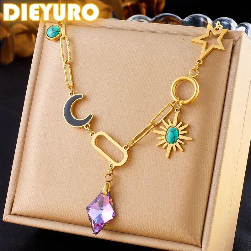 DIEYURO 316L Acero inoxidable Multi elemento empalme amatista Luna estrellas turquesa collar mujer nueva tendencia cuello joyería regalo