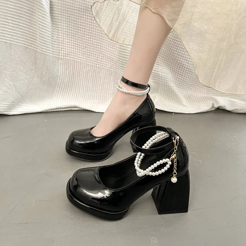 Fashion Ankle Strap Pearl Pumps for Women New High Heels Platform Mary Janes Woan Round Toe Thick Heel Party Shoes Female