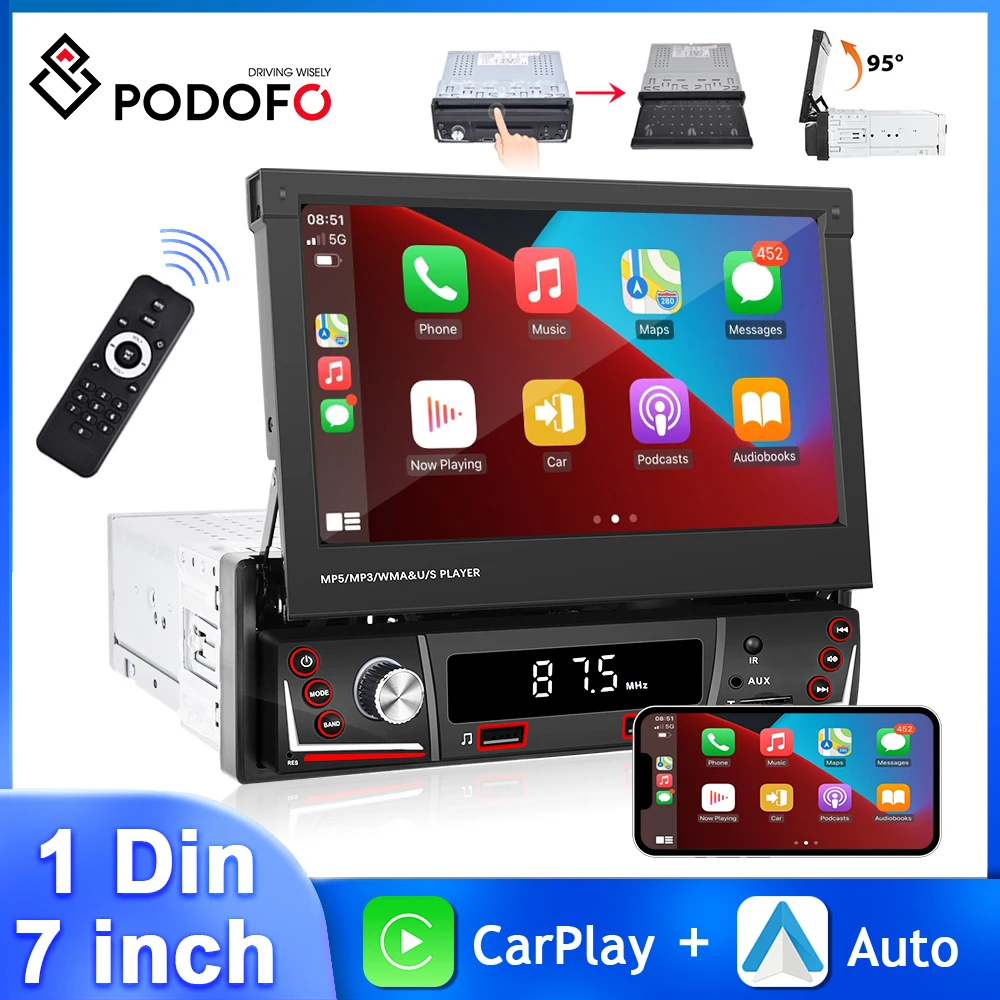 Podofo 1Din 7Inch Car Radio Retractable MP5 Automotive Multimedia Wireless Carplay Android Auto Bluetooth Universal Autoradio