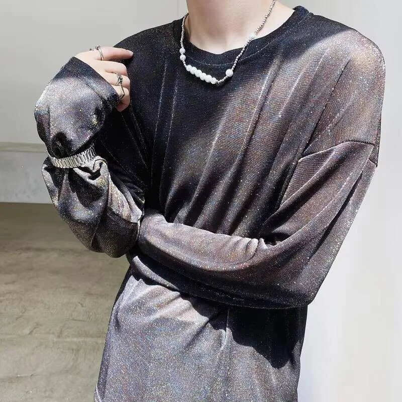 Spring New Autumn Personality Version Men's And Korean Bright Silk Droopy Round Collar Casual Loose Long Sleeve T-Shirt