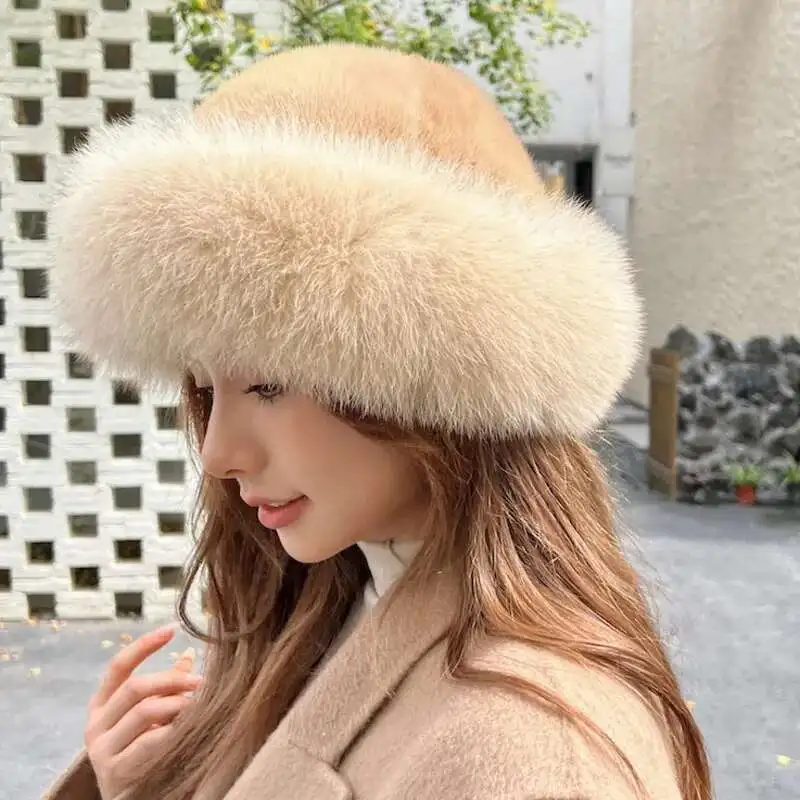 Real Mink Fur Hat For Women Winter Natural Mink Fur Hat With Fox Fur Brim Female Fashion Fisherman Hat Thicked Fur Bomber Hat view 3