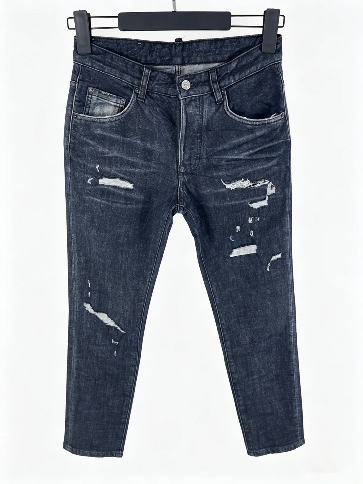 

6074 Four Seasons New Men's Jeans Fashion Slim-fit Ripped Patch Paint Broken Ink Leg Stitching Black Jeans for Men