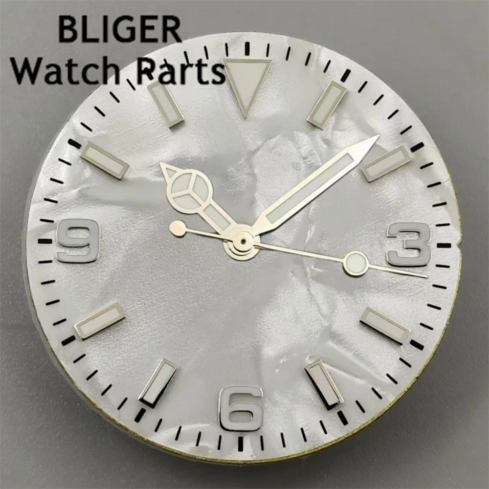 BLIGER 29mm Watch Dial Pearl Dial With Hands Set Green Luminous Fit NH35 NH36 ETA2824 2836 Miyota8215 Mingzhu DG PT5000 Movement