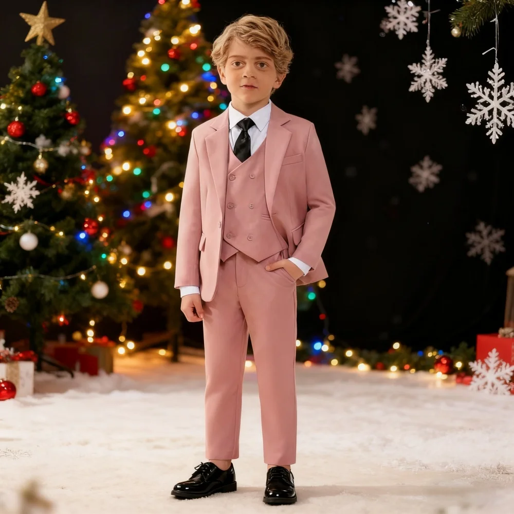 

Soft Pink Textured Children 2026 Formal Suit Flower Boy Attire for Wedding and Holiday Blazer Vest Pants Tie