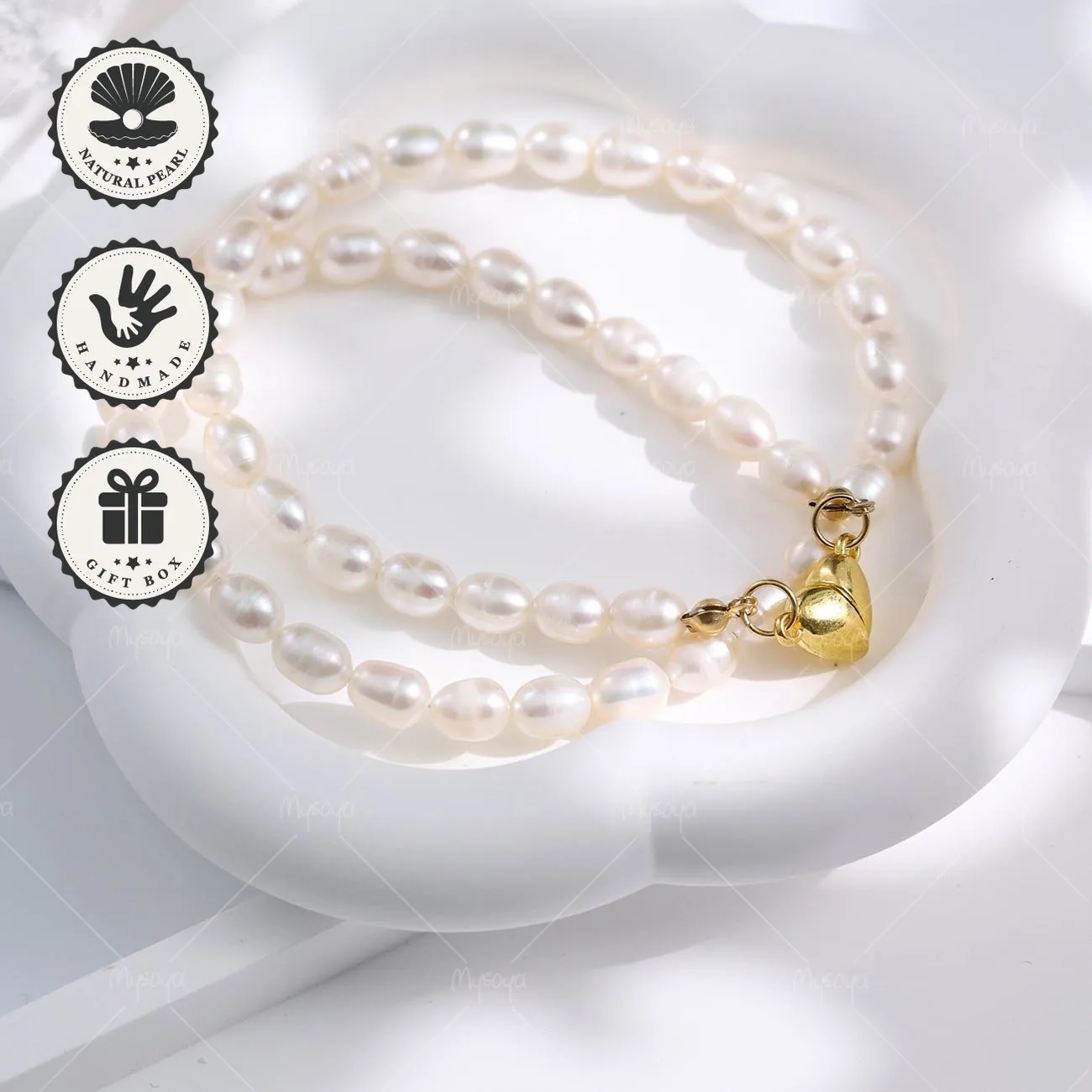

Mysoya White Rice Freshwater Pearl Necklace 6–7mm Golden Heart Clasp With Gift Box Valentine’s Day Birthday Gift For Her