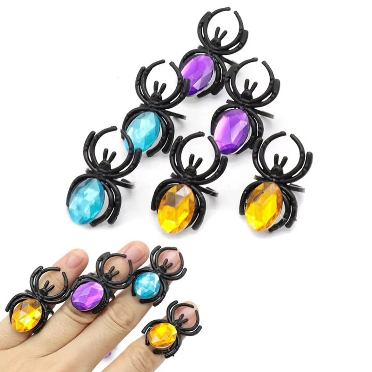 Colored gemstone spider ring ring Halloween  props plastic open children's insect spider ring