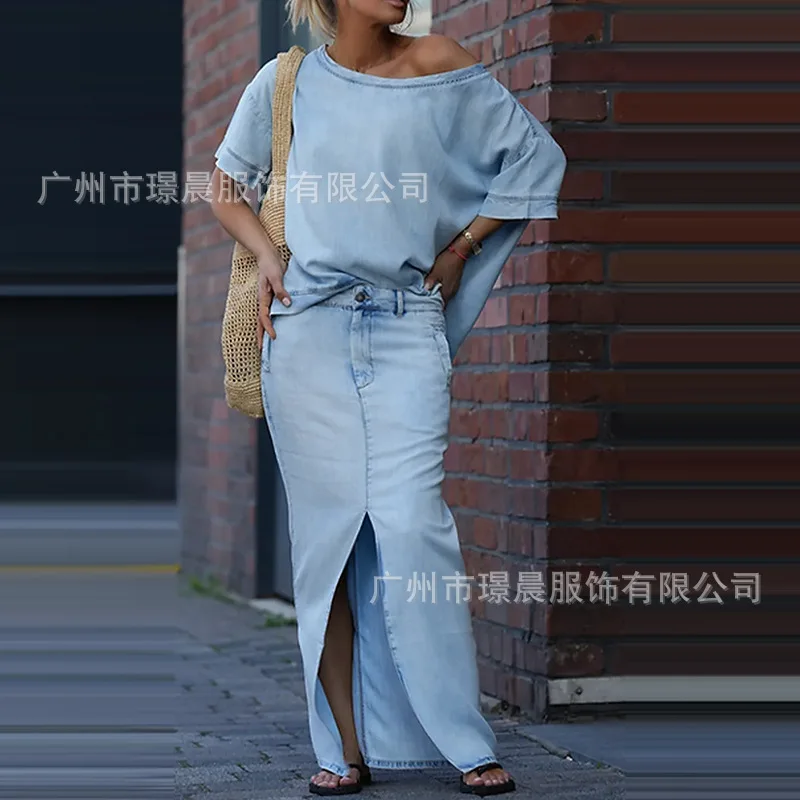 

Women's Long Skirt Suit Fashionable Loose Sexy In Autumn Winter 2 Pieces Set For Woman Short-sleeved Top Slit Long Skirt Paket