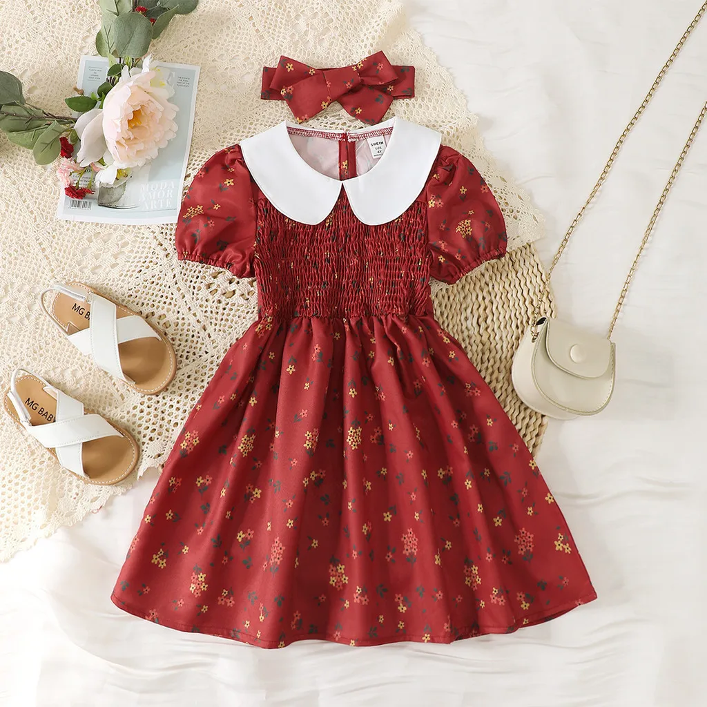 2PCS Kids Girl Summer Dress Flower Peter Pan Collar Short Sleeved Dresses with Headband Pastoral Style Wear for Child 4-7 Years