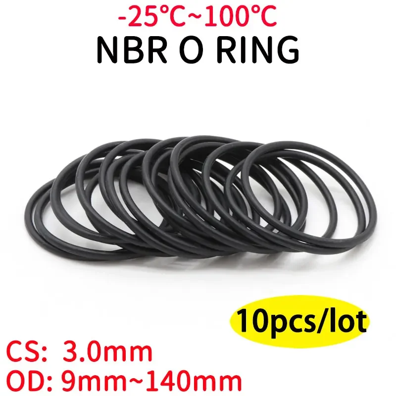 

10pcs Black O Ring Gasket CS 3mm OD 9mm ~ 140mm NBR Automobile Nitrile Rubber Round O Type Corrosion Oil Resist Sealing Washer