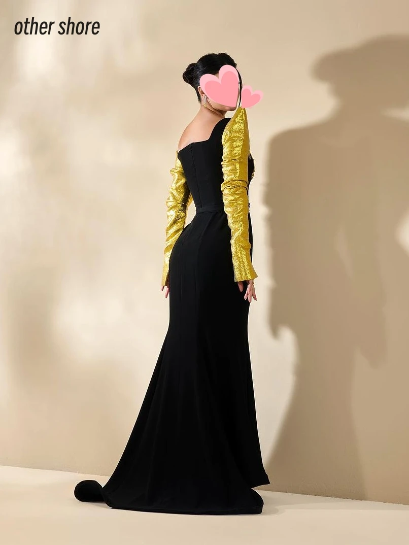 Other Shore Elegant Vintage Black Mermaid Beading Gold One Shoulder Customize Formal Occasion Prom Dress Evening Party Gowns