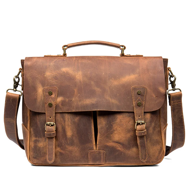 Retro Casual Leather Men Handbag Male Business Briefcase Crazy Horse Leather Cowhide Computer Bag Shoulder Messenger Bag Vintage