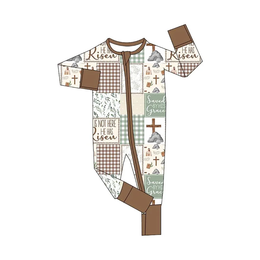 Boutique Easter Baby Sleepsuit Zipper Patchwork Cross Floral He Has Risen Baby Romper