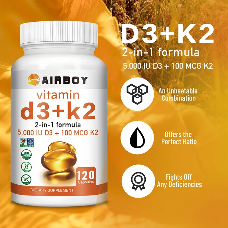 Vitamin D3 + K2 - Promotes Calcium Absorption, Bone and Joint Health, and Boosts Immunity