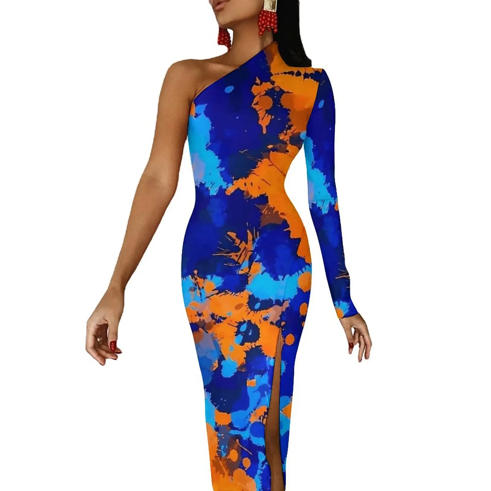 Blue And Orange Graffiti Maxi Dress One Shoulder Paint Splatter Aesthetic Bodycon Dresses Spring Elegant Dress Woman Vestidos