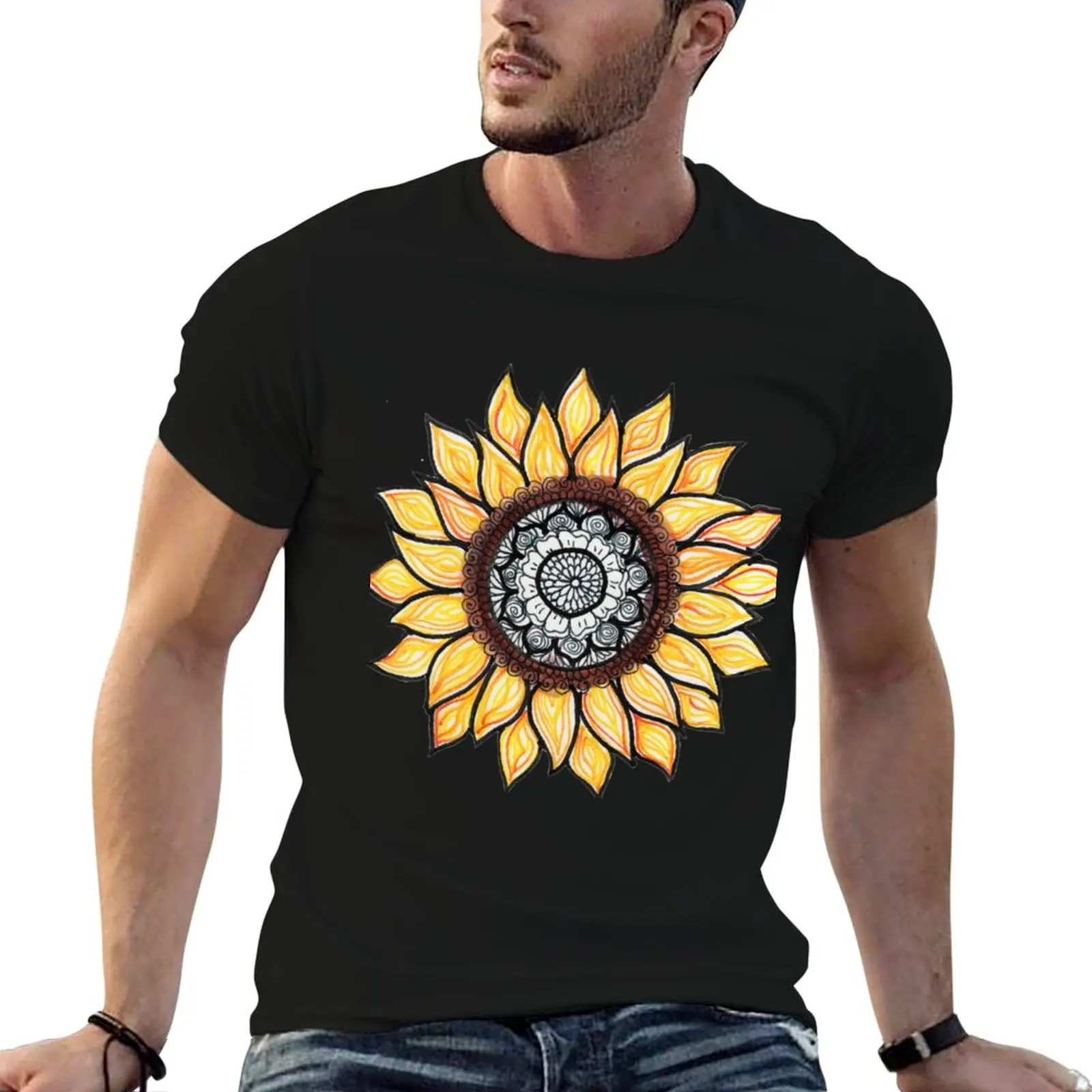 Golden Sunflower: ellen (black backround) T-Shirt Work Outdoor T-Shirt for Men