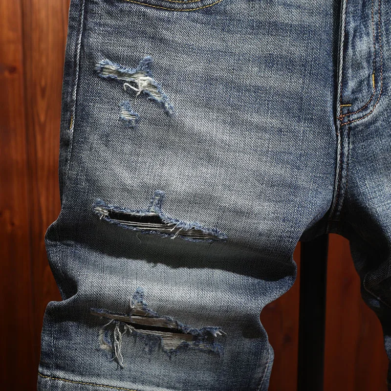 Summer denim shorts, men's ripped patches, scraped retro street trend, fashionable and nostalgic five quarter pants