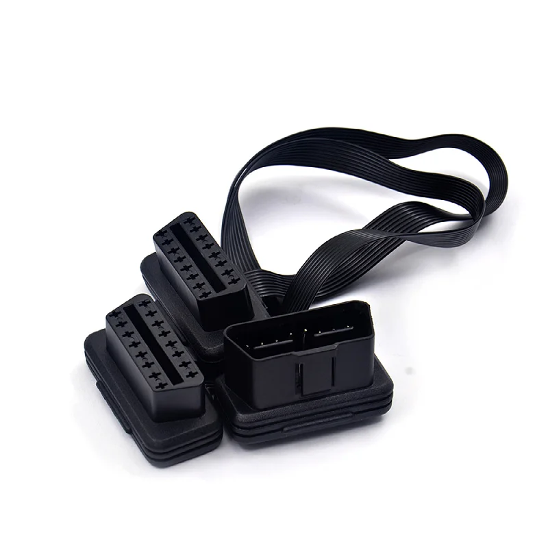 1PC Flat+Thin 16Pin OBD 2 Extender OBD2 16 Pin ELM327 Male To Dual Female Y Splitter Elbow OBDII Extension Connector Cable 0.3m